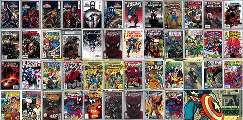 Marvel Comics, Spider-Man And Captain America Comic Books, C. 48 Pieces, H 10'' W 6.75''