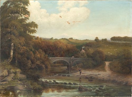 J. Holdforth  Oil On Canvas Mounted To Board,  1883, Fisherman Below A Bridge, H 20'' W 27''