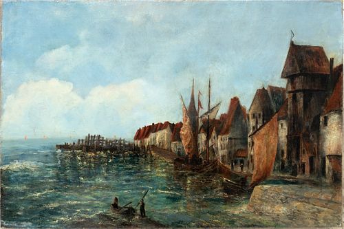 William Raymond Dommerson (Dutch, 1850-1927) Oil On Canvas, Costal Village, H 20'' W 30''