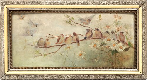 Oil On Artist Board, Birds On A Perch, H 11'' W 24.5''