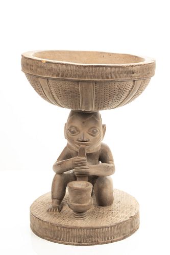 African Foodbowl On  Carved Wood Pedestal Figural Base (1) H 15"