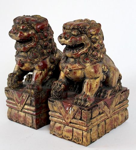 Pair Chinese wooden temple foo dogs
