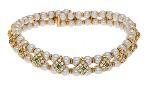 Emerald, Diamond, Pearl, 18K Lady's Open Spring Collar Design Necklace, W 3/4"