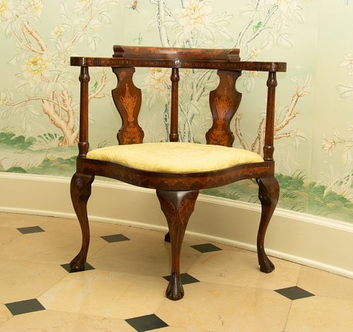 English Queen Anne Mahogany & Satinwood Corner Chair, C. 1800, H 32'' W 30.25''