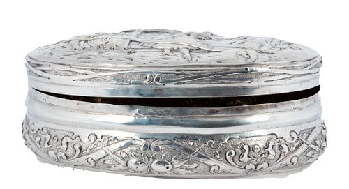 French  Repousse Sterling Silver Box, Courting Scene, C. 1890, H 2.5'' W 5'' L 7'' 11.5t oz