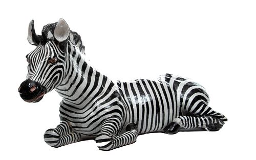 Italian Glazed Terracotta Sculpture, Recumbent Zebra, H 15'' W 10'' L 34''
