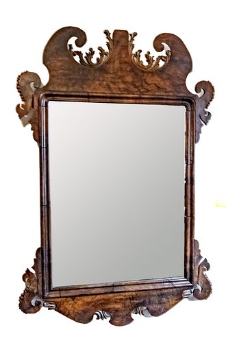 Chippendale Style Carved Burl Walnut Ogee Mirror H 41" W 27.5"
