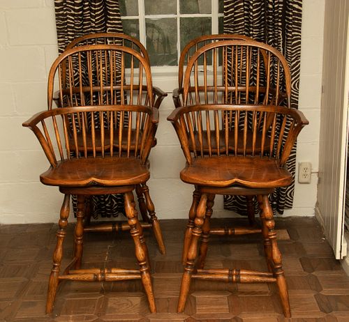English Oak, Windsor Style Swivel Bar Chairs H 46'' W 22'' 4 pcs