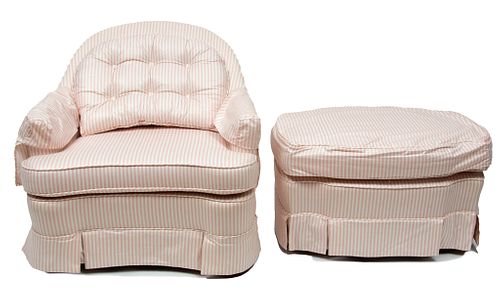 Dorothy Draper (New York, 1889-1969) For Henredon  Upholstered Pink Stripe Armchair & Ottoman, H 30'' W 28'' Depth 32'' 2 pcs