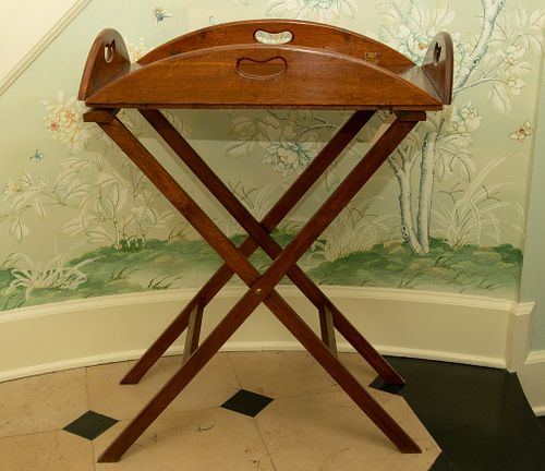 English Mahogany Butler's Table, Tray Top, Folding Base, C. 1860, H 38'' W 29'' 2 pcs