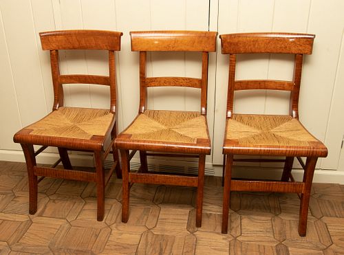American  Federal Style Curly Maple & Rope Seat Side Chairs, C. 1850, H 34'' W 17'' 3 pcs