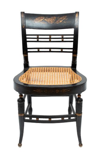 Black Lacquered & Gilded Wood & Cane Chair, H 33'' W 19''