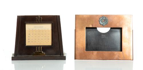 Art Deco Patinated Metal And Copper Desk Calendars, Early 20th C., Two Pieces, H 3.5''