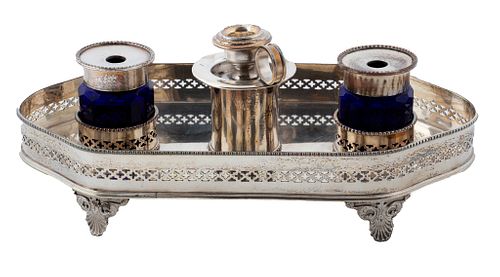 English  Sheffield Plate Inkstand, Cobalt Crystal Ink Wells & Candle Holder C. 1920, W 5'' L 10'' 2 pcs