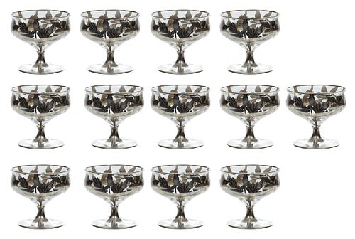 Sterling Silver Overlay On Crystal Dessert Compotes C. 1920, H 3.2'' Dia. 3.5'' 13 pcs
