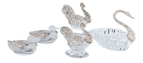 Hand Cut Crystal & Silver Swan, Duck & Rooster Form Salt Cellars, C. 1920, H 4.25'' L 4.5'' 5 pcs
