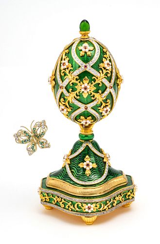 House Of Faberge For Franklin Mint  'The Garden Of Jewels' Egg & Brooch, H 7.75'' Dia. 4'' 2 pcs