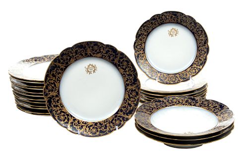 M. Redon (Limoges) Cobalt Porcelain, Fired Gold Edge Dinner Plates, Bowls & Dessert Plates, C. 1905, 23 pcs