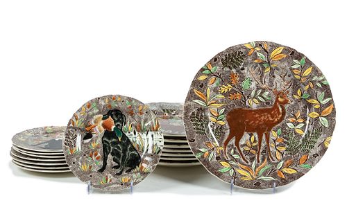 Gien, France Rambouillet Wildlife Faience Chargers & Salad Plates, Dia. 13.5'' 16 pcs