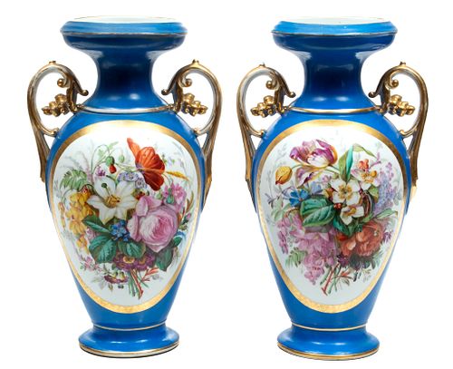 French  Porcelain Hand Decorated Urns C. 1900, H 18'' W 10''