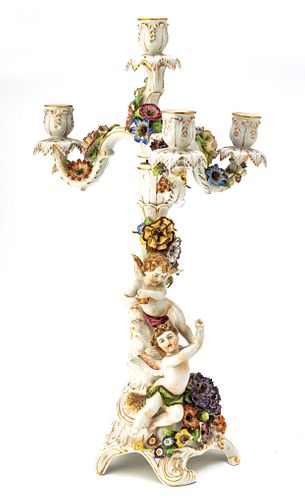 Von Schierholz Figural Porcelain Candelabrum, (One) C 1900 H 20", W 11", Two Cherubs