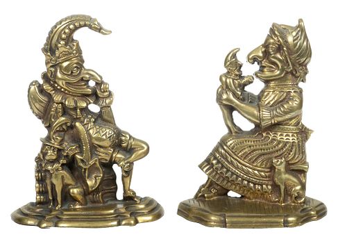 Bronze Fireplace Chenets, Punch And Judy H 11'' W 8.5''