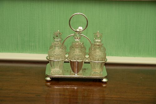English  Cut Crystal & Silver Plated Cruet Set, C. 1900, H 8.5'' W 6'' L 8''