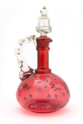 Cranberry Blown Glass Cruet, Enamel Decoration C. 1870, H 10''