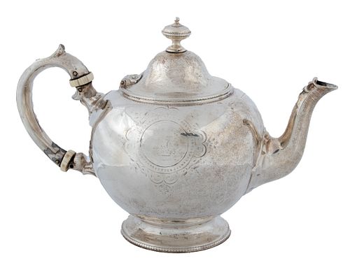 E & J Barnard (London) Sterling Silver Teapot With Crest,  1866, H 6'' L 8.5'' 12.28t oz