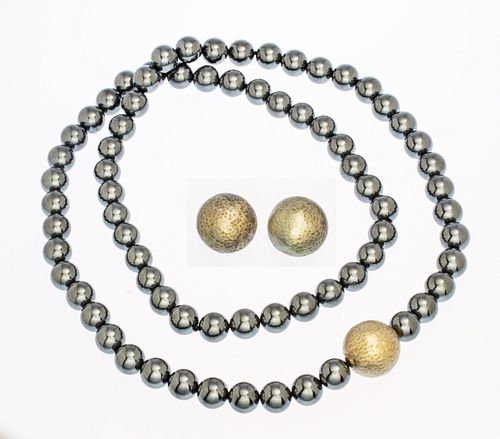 Paloma Picasso Hematite And Hammered Sterling Silver Necklace And Clip Earrings, For Tiffany & Co. L 26''