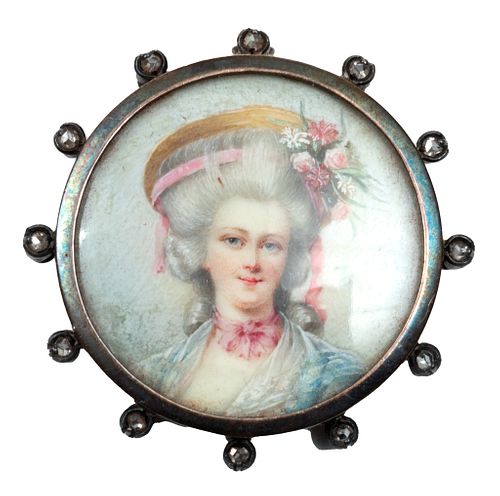 French  Hand Painted Miniature Brooch, Silver Setting C. 1800, Dia. 1'' 1 pc