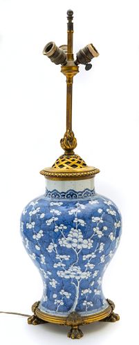 Chinese Blue & White Porcelain Vase Mounted Lamp, French Bronze Mounts H 31.5'' Dia. 9.5''