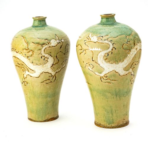 Chinese Celadon Glazed Stoneware Mold Vases, H 13'' Dia. 9'' 1 Pair