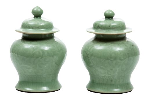 Japanese Celadon Porcelain Covered Jars, C. 1850, H 6.25'' Dia. 4.5'' 1 Pair