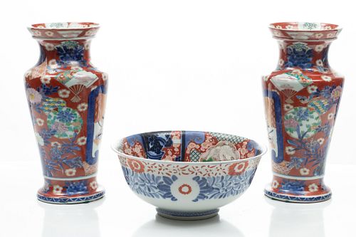 Japanese Imari Porcelain Vases & Bowl, C. 19th.c., H 14.5'' Dia. 7''