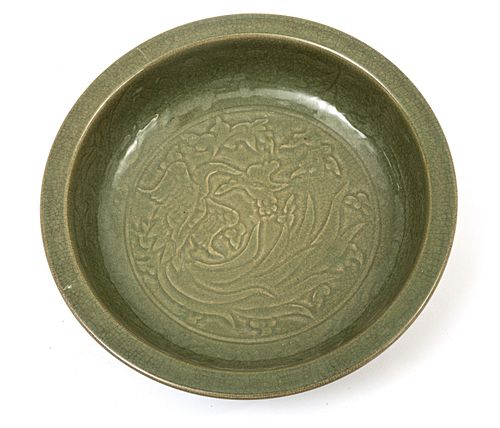 Chinese Celadon Porcelain Bowl, H 4", Dia 15.5"