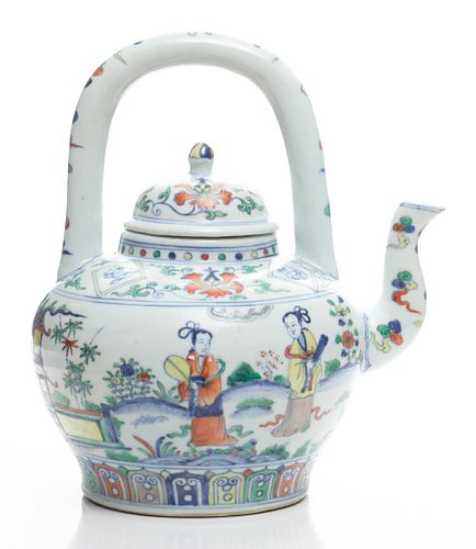 Chinese Doucai Porcelain Tea Pot, H 12'' W 8.5'' L 10''
