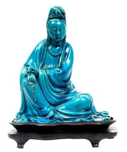 Chinese Glazed Terracotta Signed Guanyin Figure, H 9.5'' W 4.5'' L 8''