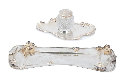 Lunt  Sterling Silver Pen Tray + Crystal Ink Pot With Sterling Silver Tray, W 4'' L 10.25'' 8.13t oz 3 pcs