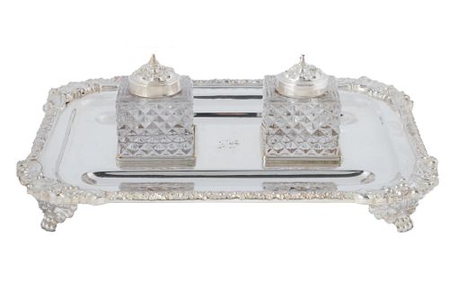 English  Silver Plate Ink Stand With Crystal Ink Pots, C. 1920, W 8'' L 11''