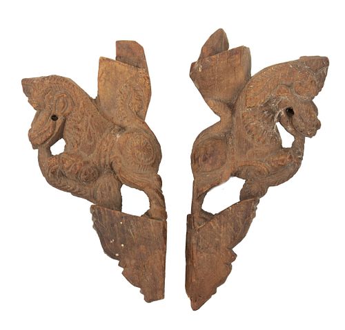 India Pair Of Carved Wood "Horse" Door Brackets Or Corbels