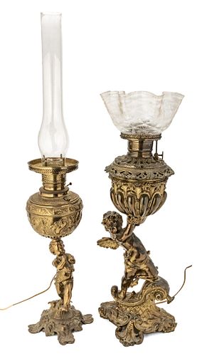 Victorian Gilt Metal Banquet Oil Lamps, Cherub Bases C. 1850, H 23'' 2 pcs