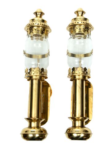 Brass Coach Lights, Glass Globes, Electric C. 2010, H 13'' 1 Pair