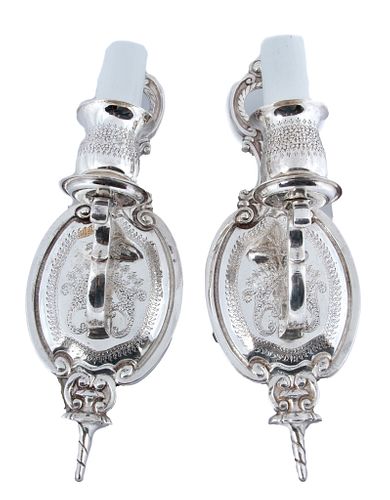 Electrified Silver Plate Metal Wall Sconces, H 12.25'' W 4.25'' 1 Pair