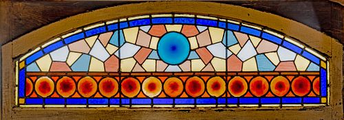 Leaded And Stained Glass Transom Window C. 1900, H 18'' W 50''