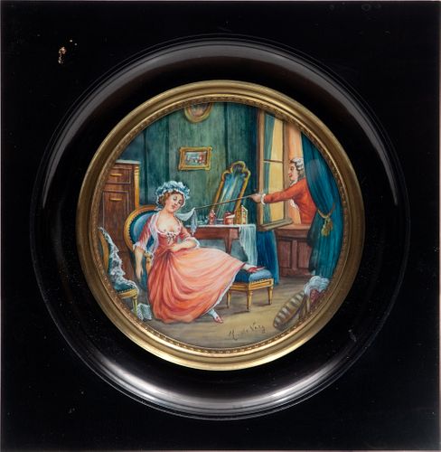 Mme De Jery, French  Watercolor, Lady In Boudoir, Dia. 3.5''