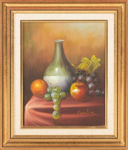 Signed Benton, Oil On Canvas, Still Life, Grapes And Apples H 9'' W 7''