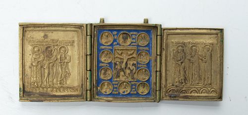 Russian Bronze Triptych 7.5"L Open. 19th.c., H 3'' W 2.5''