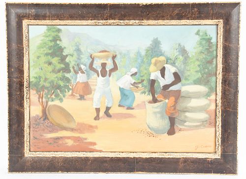 J. Campos Oil On Canvas, 20Th C., H 14.75", W 21", Coffee Harvesting