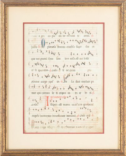 Continental Illuminated Antiphon On Vellum, Gregorian Chant, H 12'' W 8.5''